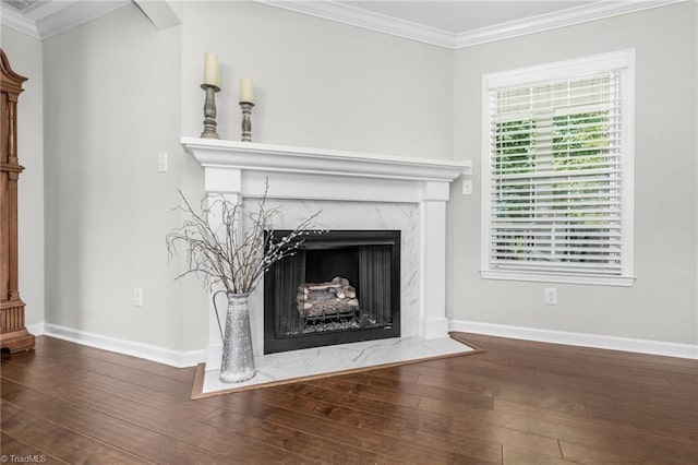 742 Teague Rd, Winston-Salem, NC 27107 - detailed view of a fireplace, wood finished floors, and crown molding