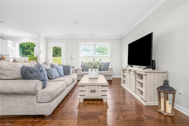 742 Teague Rd, Winston-Salem, NC 27107 - living room with crown molding, dark wood finished floors, healthy amount of natural light, and recessed lighting
