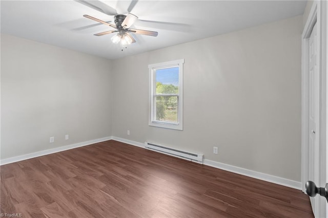 unfurnished bedroom with a baseboard radiator, dark wood-style flooring, baseboards, and ceiling fan