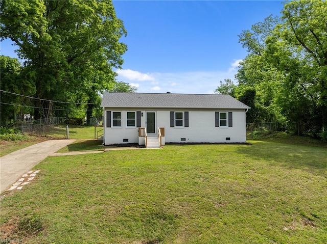 view of front of property featuring concrete driveway, crawl space, and roof with shingles