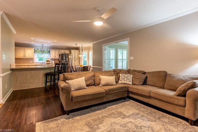 97 Shadylawn Dr, Winston-Salem, NC 27104 - living area with crown molding, dark wood-style flooring, a ceiling fan, and healthy amount of natural light