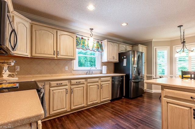 97 Shadylawn Dr, Winston-Salem, NC 27104 - kitchen with stainless steel appliances, crown molding, dark wood-style floors, light countertops, and light brown cabinetry