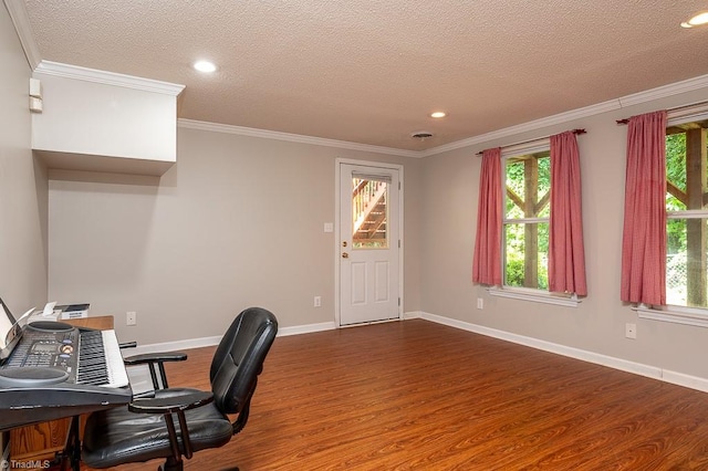 97 Shadylawn Dr, Winston-Salem, NC 27104 - office with dark wood-style floors, healthy amount of natural light, a textured ceiling, ornamental molding, and recessed lighting