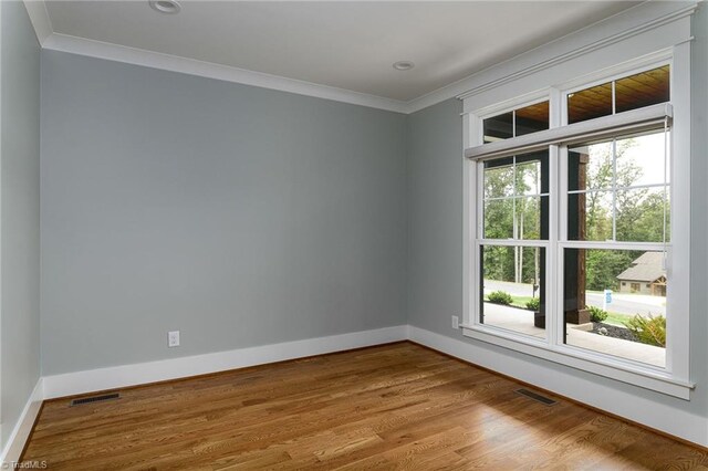 spare room with ornamental molding and hardwood / wood-style flooring