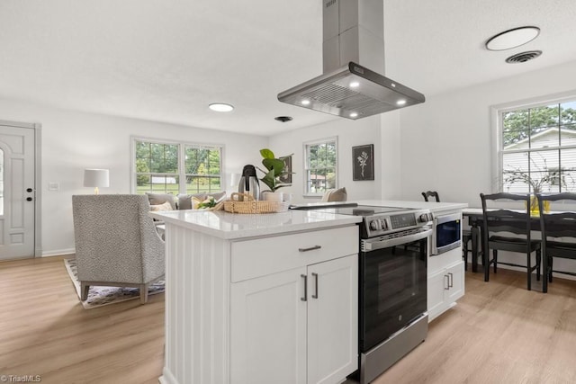 317 Benbow Dr, East Bend, NC 27018 - kitchen with stainless steel appliances, range hood, light wood-type flooring, healthy amount of natural light, and recessed lighting