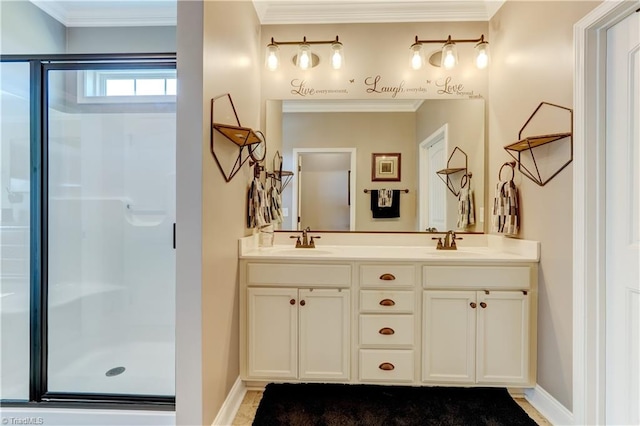 bathroom featuring vanity, walk in shower, and crown molding