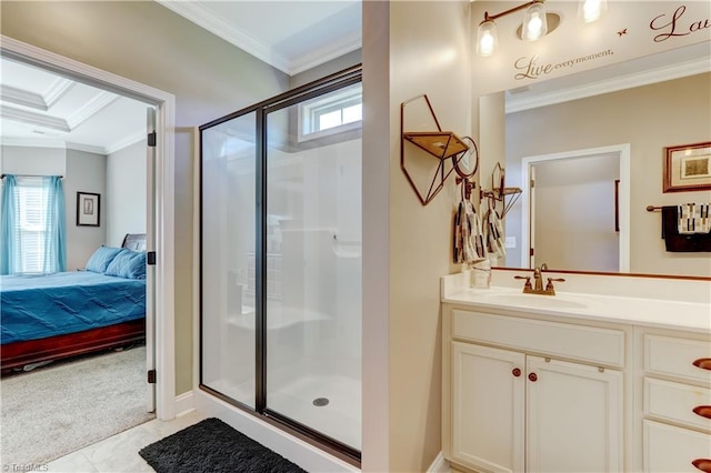 bathroom with a shower with door, plenty of natural light, and crown molding