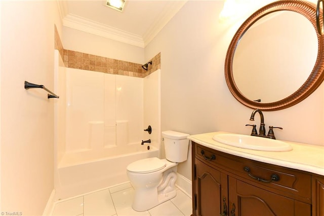 full bathroom featuring tile patterned floors, vanity, toilet, shower / bathtub combination, and crown molding