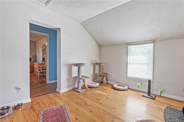 interior space featuring hardwood / wood-style floors, a textured ceiling, and vaulted ceiling