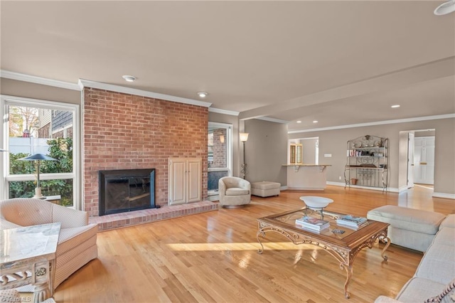 living room with crown molding, a fireplace, and hardwood / wood-style floors