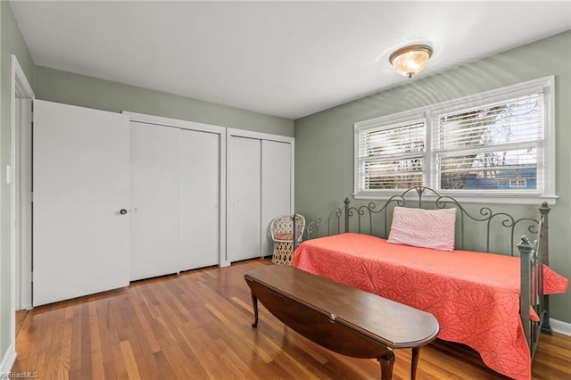 bedroom featuring wood-type flooring and two closets