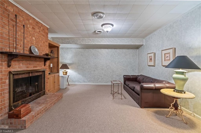 living room with ornamental molding, a fireplace, and light carpet