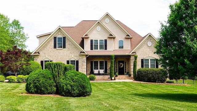 craftsman house featuring a porch, brick siding, and a front yard