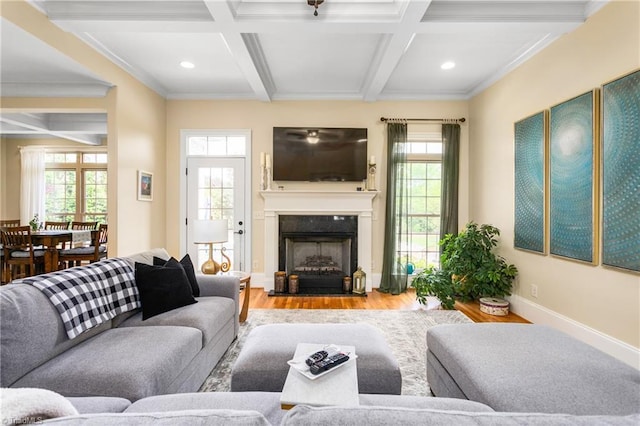 3303 Tanner Ct, Summerfield, NC 27358 - living area featuring beam ceiling, wood finished floors, coffered ceiling, baseboards, and a fireplace with flush hearth