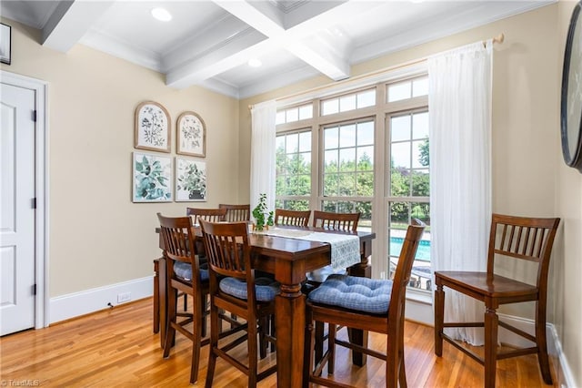 3303 Tanner Ct, Summerfield, NC 27358 - dining area with beam ceiling, crown molding, coffered ceiling, baseboards, and light wood-style floors
