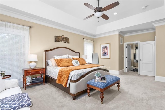 3303 Tanner Ct, Summerfield, NC 27358 - bedroom with light colored carpet, ornamental molding, baseboards, and a ceiling fan