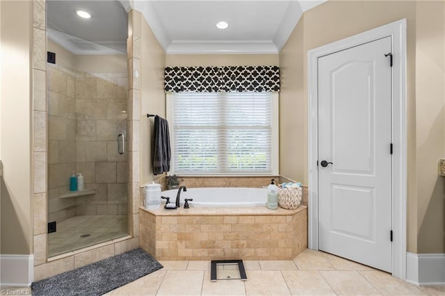 3303 Tanner Ct, Summerfield, NC 27358 - bathroom featuring ornamental molding, recessed lighting, a stall shower, tile patterned floors, and a bath