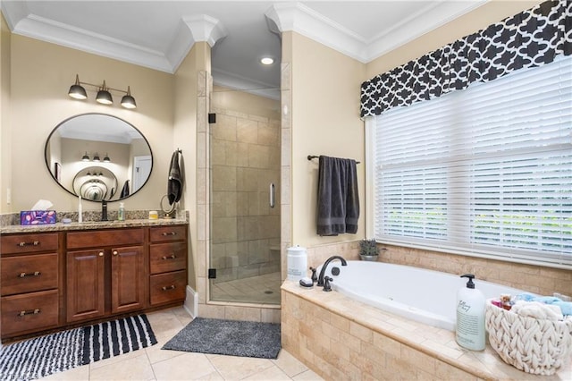 3303 Tanner Ct, Summerfield, NC 27358 - full bath with a garden tub, tile patterned floors, crown molding, a shower stall, and vanity
