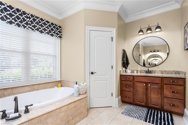 3303 Tanner Ct, Summerfield, NC 27358 - bathroom with vanity, ornamental molding, a garden tub, and tile patterned flooring