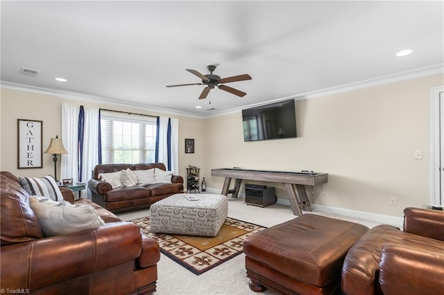 3303 Tanner Ct, Summerfield, NC 27358 - carpeted living area featuring visible vents, recessed lighting, crown molding, a ceiling fan, and baseboards