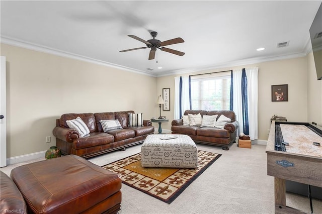 3303 Tanner Ct, Summerfield, NC 27358 - living area with carpet flooring, ceiling fan, crown molding, and visible vents