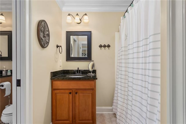 3303 Tanner Ct, Summerfield, NC 27358 - bathroom with crown molding, a shower with shower curtain, baseboards, and vanity