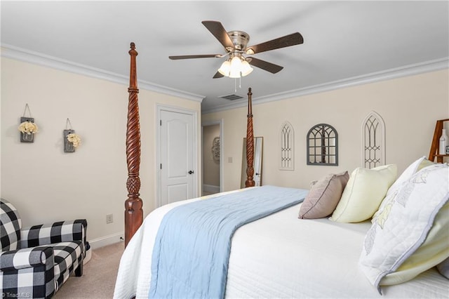 3303 Tanner Ct, Summerfield, NC 27358 - bedroom with baseboards, ornamental molding, ceiling fan, visible vents, and light colored carpet