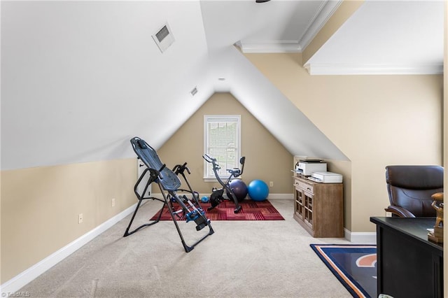 3303 Tanner Ct, Summerfield, NC 27358 - exercise area with carpet, visible vents, baseboards, lofted ceiling, and ornamental molding