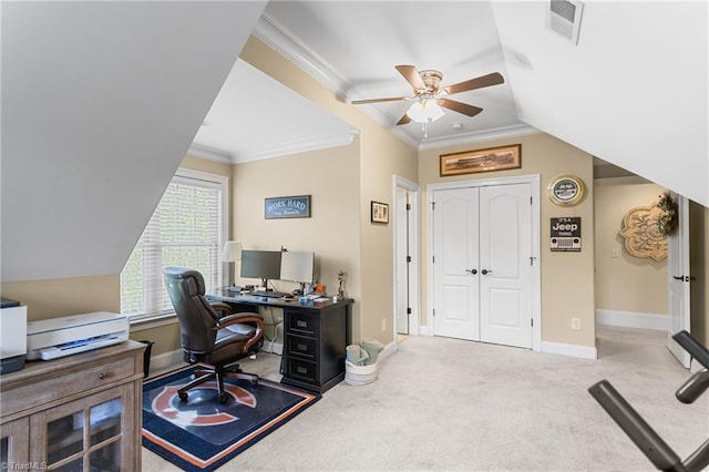3303 Tanner Ct, Summerfield, NC 27358 - carpeted office space featuring lofted ceiling, ornamental molding, visible vents, ceiling fan, and baseboards