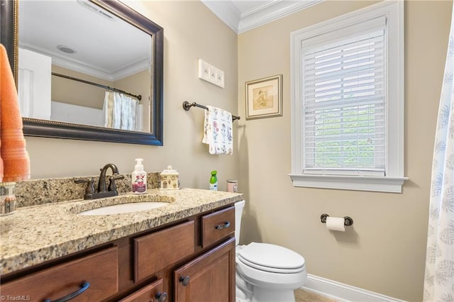 3303 Tanner Ct, Summerfield, NC 27358 - bathroom featuring toilet, vanity, crown molding, a shower with shower curtain, and baseboards