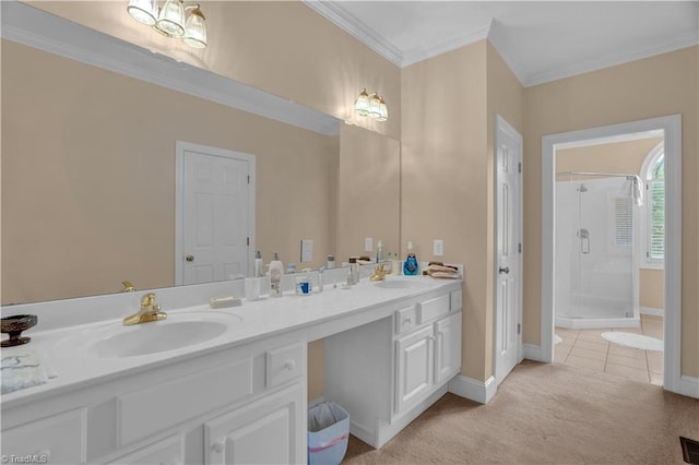 bathroom featuring tile patterned floors, double sink vanity, a shower with door, and crown molding