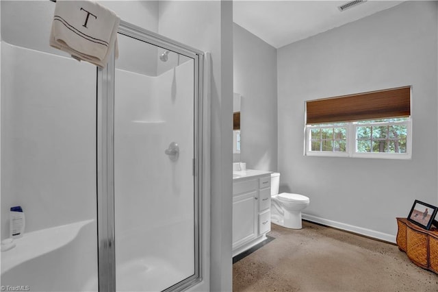 bathroom featuring an enclosed shower, toilet, concrete floors, and vanity