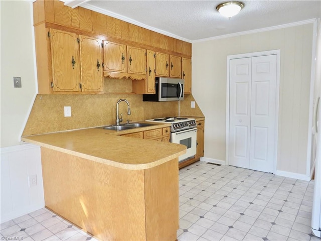 kitchen featuring crown molding, kitchen peninsula, sink, and electric stove