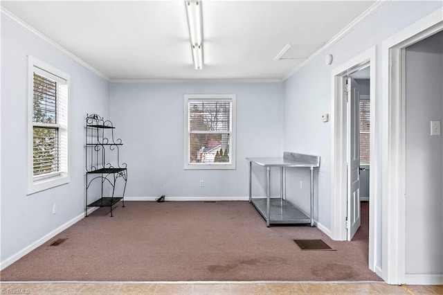 misc room with carpet flooring, attic access, baseboards, and ornamental molding