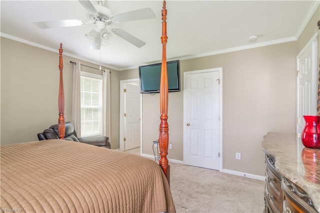 6919 Channel Forest Rd, Belews Creek, NC 27009 - bedroom with light colored carpet, ornamental molding, and ceiling fan