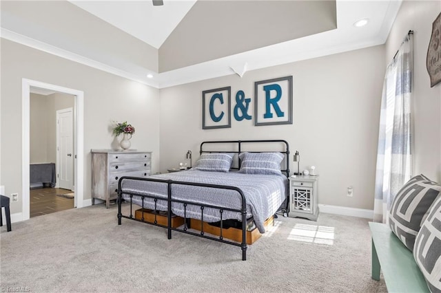 bedroom with recessed lighting, carpet floors, vaulted ceiling, and baseboards