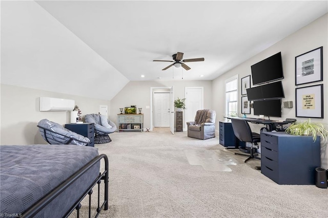 carpeted bedroom featuring lofted ceiling and ceiling fan