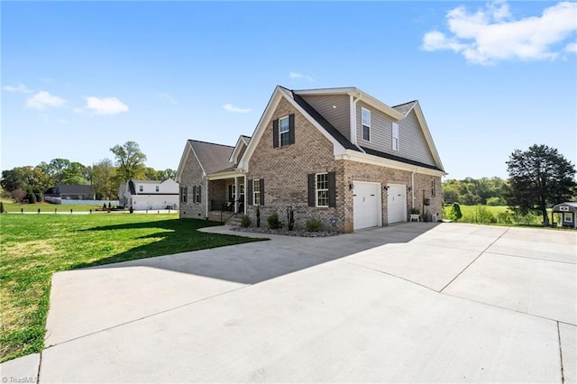 view of home's exterior with brick siding, driveway, a lawn, and a garage