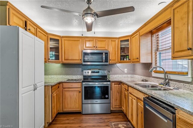 kitchen featuring sink, dark wood-type flooring, light stone counters, ceiling fan, and stainless steel appliances