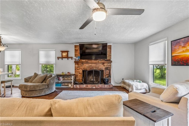 living room featuring a wealth of natural light, hardwood / wood-style floors, and a textured ceiling