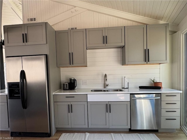 kitchen featuring lofted ceiling with beams, sink, gray cabinetry, and stainless steel appliances