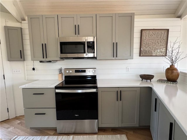 kitchen featuring light wood-type flooring, appliances with stainless steel finishes, gray cabinetry, and wood walls