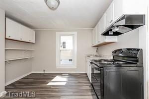 kitchen with white cabinets, light hardwood / wood-style floors, and black / electric stove