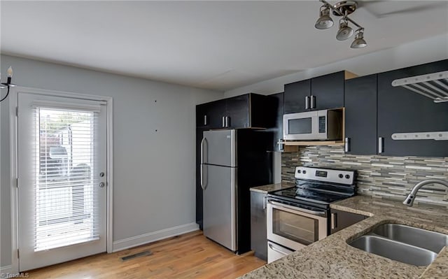 kitchen with light wood-style floors, tasteful backsplash, visible vents, a sink, and stainless steel appliances