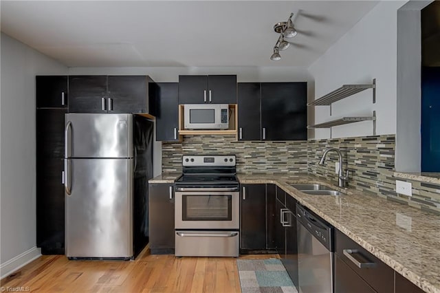 kitchen with open shelves, a sink, appliances with stainless steel finishes, light wood-style flooring, and decorative backsplash