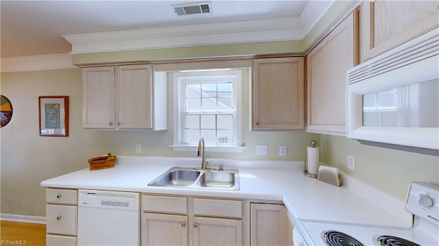 5423 Whitley Way, Greensboro, NC 27407 - kitchen featuring white appliances, light brown cabinets, ornamental molding, and light countertops