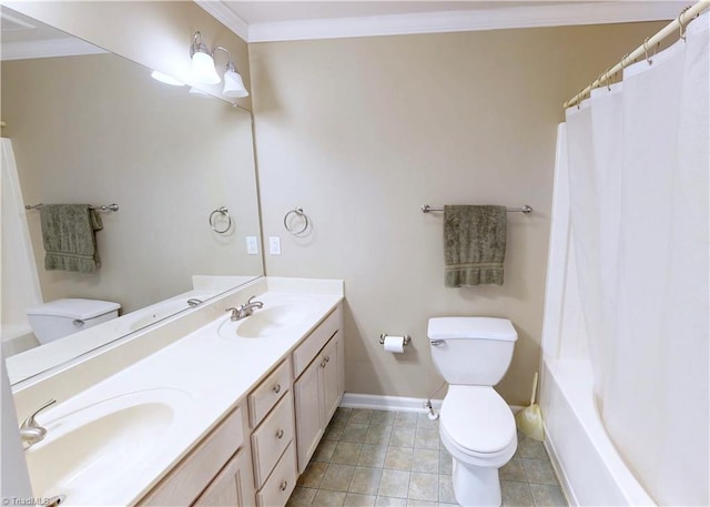 5423 Whitley Way, Greensboro, NC 27407 - bathroom featuring double vanity, ornamental molding, shower / bath combo with shower curtain, and tile patterned flooring