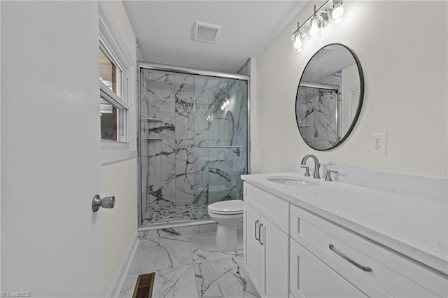 bathroom featuring toilet, visible vents, marble finish floor, and a marble finish shower