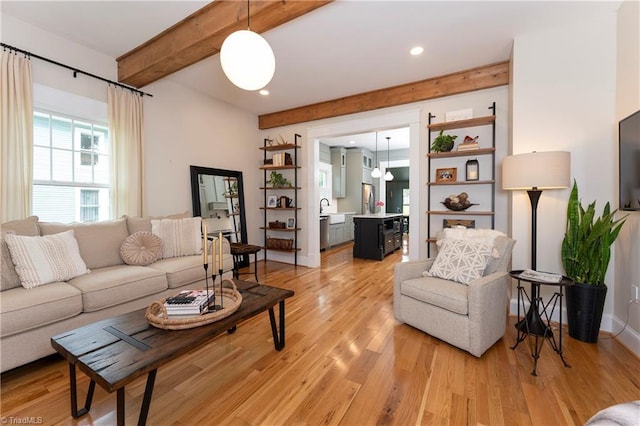 229 Orchard St, Mount Airy, NC 27030 - living room featuring beam ceiling, light wood-type flooring, recessed lighting, and baseboards