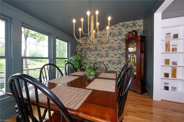 229 Orchard St, Mount Airy, NC 27030 - dining room featuring a chandelier, wallpapered walls, and wood finished floors